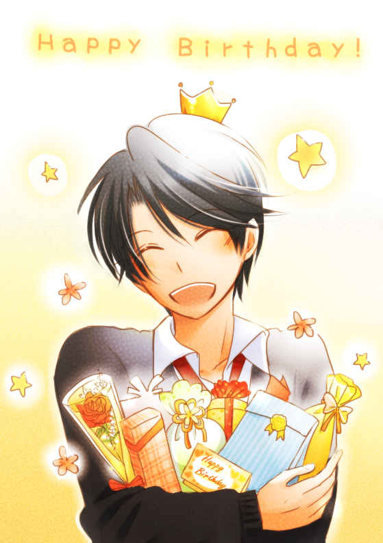 1girl black_hair black_sweater commentary_request crown flower gekkan_shoujo_nozaki-kun gift happy_birthday kashima_yuu mini_crown open_mouth red_flower red_rose rose short_hair smile solo star_(symbol) sweater takana_x123 upper_body