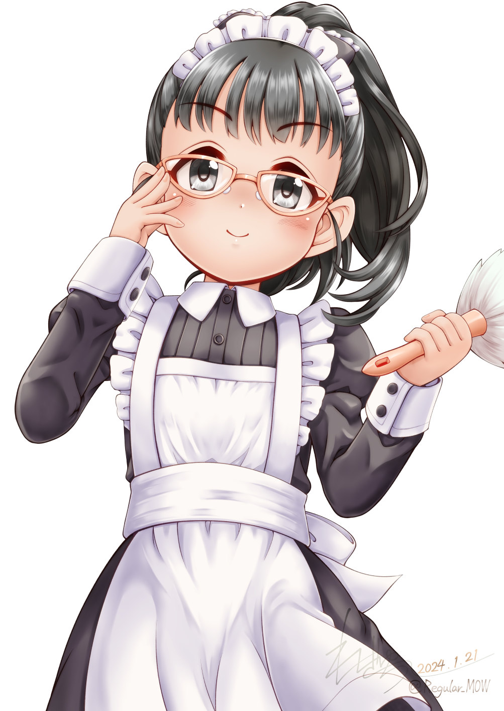 1girl apron black_bow black_dress blush bow brown-framed_eyewear closed_mouth collared_dress commentary_request dated dress duster frilled_apron frills fukuyama_mai glasses grey_eyes grey_hair hair_bow high_ponytail highres holding holding_duster idolmaster idolmaster_cinderella_girls idolmaster_cinderella_girls_starlight_stage juliet_sleeves long_sleeves looking_at_viewer maid maid_apron maid_headdress ponytail puffy_sleeves regular_mow signature simple_background smile solo twitter_username white_apron white_background