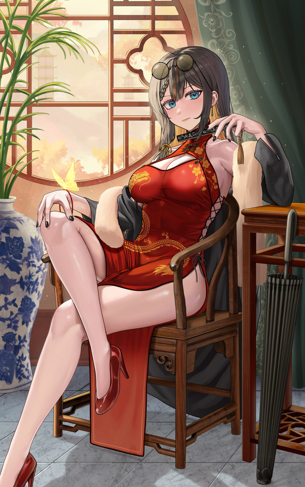 1girl aqua_eyes architecture black_hair braid breasts chair china_dress chinese_clothes cleavage closed_mouth covered_navel dragon_print dress east_asian_architecture eyewear_on_head hand_fan high_heels highres holding holding_fan large_breasts long_hair looking_at_viewer multicolored_hair nail_polish original paper_fan red_dress red_eyes red_footwear red_hair round_eyewear sidelocks silvertsuki sitting solo streaked_hair table two-tone_hair umbrella