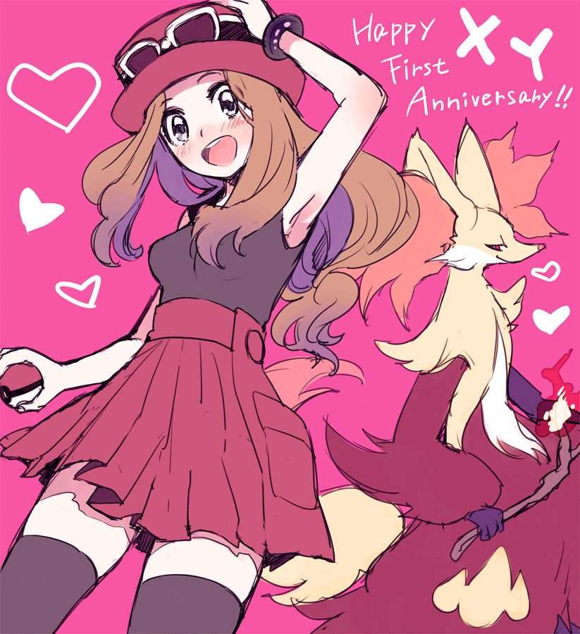 1girl :d amezawa_koma anniversary arm_up armpits black_shirt black_thighhighs blush delphox eyewear_on_headwear grey_eyes hat heart holding holding_poke_ball looking_at_viewer open_mouth poke_ball poke_ball_(basic) pokemon pokemon_(creature) pokemon_xy red_headwear red_skirt serena_(pokemon) shirt skirt sleeveless sleeveless_shirt smile teeth thighhighs upper_teeth_only