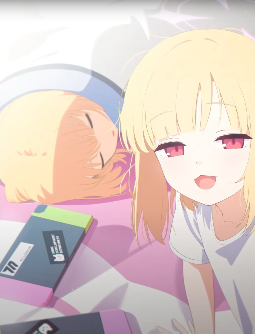 2girls :d araki495 blonde_hair blue_archive closed_eyes collarbone commentary_request half-closed_eyes halo highres indoors looking_at_viewer midori_(blue_archive) momoi_(blue_archive) multiple_girls nintendo_switch parted_lips red_eyes shirt short_sleeves siblings sisters sleeping smile twins under_covers white_shirt