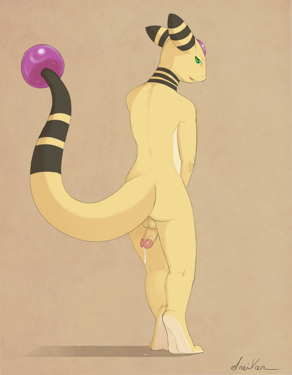 ampharos anthro anthrofied back balls butt digitigrade dreiker glans green_eyes half-closed_eyes humanoid_penis looking_at_viewer looking_back male nintendo penis penis_between_legs pok&#233;mon pok&eacute;mon precum shy smile solo standing video_games