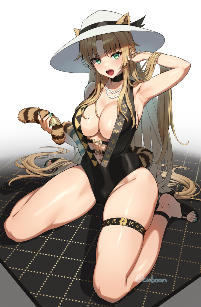 1girl animal_ears arknights armpits bare_shoulders bead_necklace beads black_footwear black_leotard blush breasts cleavage commentary_request cuboon green_eyes hand_in_own_hair hat jewelry large_breasts leotard looking_at_viewer navel necklace official_alternate_costume open_mouth parted_bangs sitting solo swire_(arknights) swire_the_elegant_wit_(arknights) tail thighs wariza white_headwear