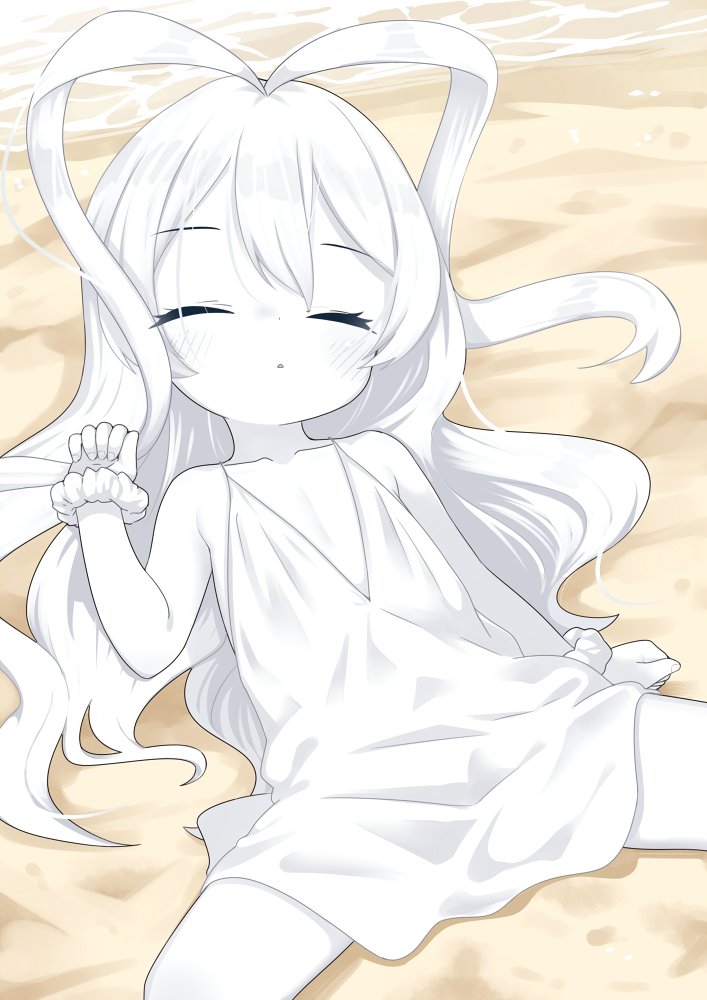 1girl blush closed_eyes collarbone colored_skin commentary_request dress feet_out_of_frame flat_chest hair_between_eyes kantai_collection long_hair lying nassukun new_submarine_princess on_back parted_lips scrunchie sleeping solo spread_legs white_dress white_hair white_scrunchie white_skin wrist_scrunchie
