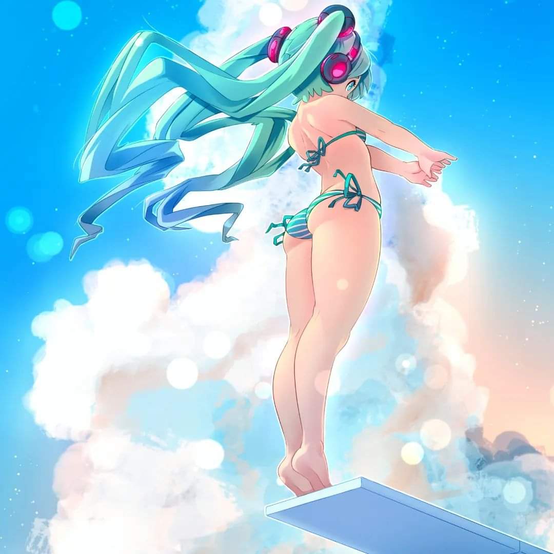 1girl aqua_eyes aqua_hair barefoot bikini blue_sky cloud commentary diving_board el_quijote from_below hatsune_miku headphones headset long_hair open_hands outstretched_arms side-tie_bikini_bottom sky solo striped_bikini striped_clothes swimsuit twintails vocaloid