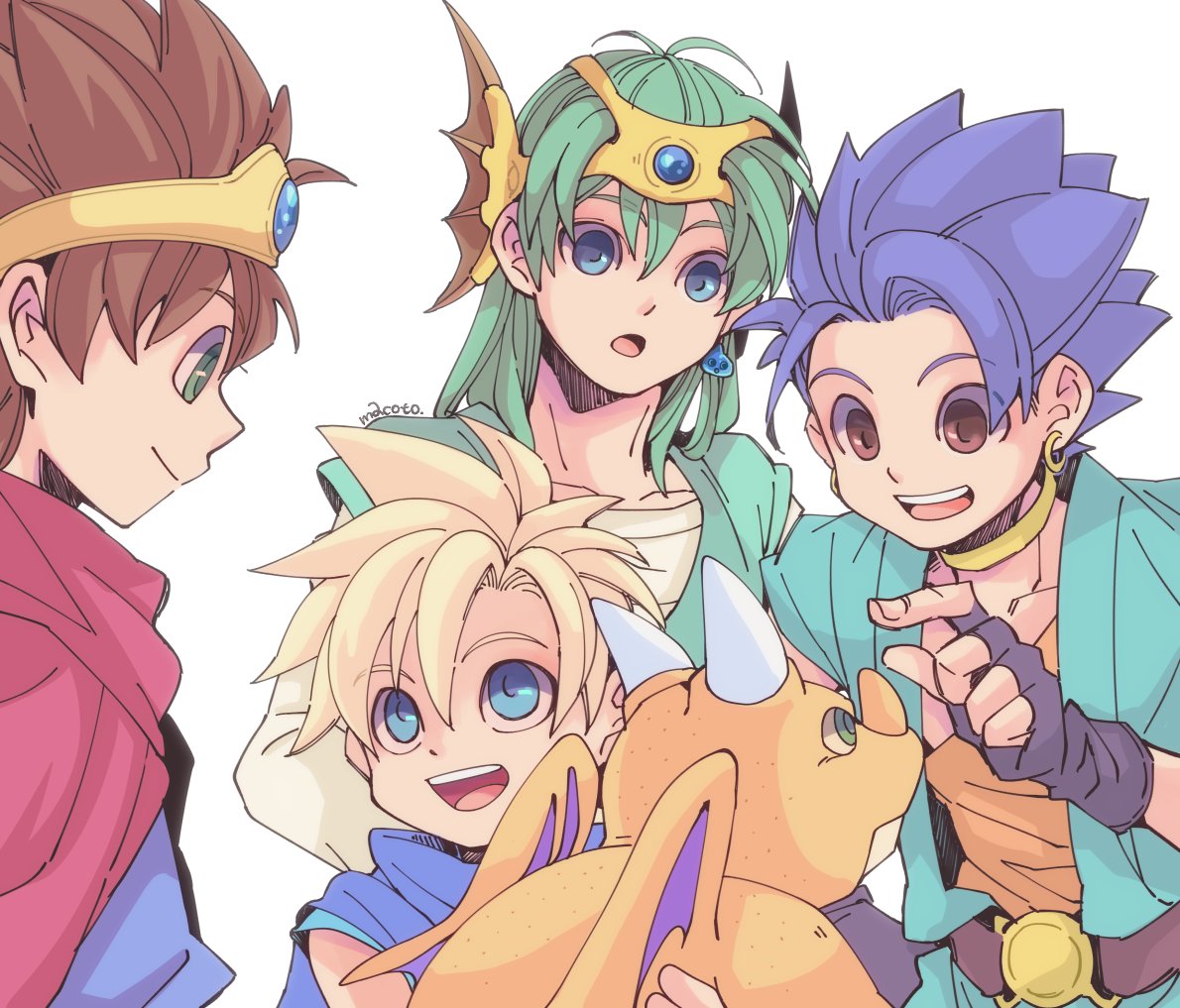 29qmatatavi 4boys belt blonde_hair blue_cape blue_cloak blue_eyes blue_gemstone blue_hair blue_tunic brown_eyes cape child circlet cloak collarbone dragon dragon_quest dragon_quest_iii dragon_quest_iv dragon_quest_v dragon_quest_vi earrings fingerless_gloves gem gloves green_hair green_tunic headset hero's_son_(dq5) hero_(dq3) hero_(dq4) hero_(dq6) jewelry long_sleeves looking_at_another male_focus medium_hair monster multiple_boys neck_ring open_mouth parted_lips red_cape roto_(dq3) shirt short_hair small_fry_(dragon_quest) smile spiked_hair teeth upper_body upper_teeth_only white_background white_shirt