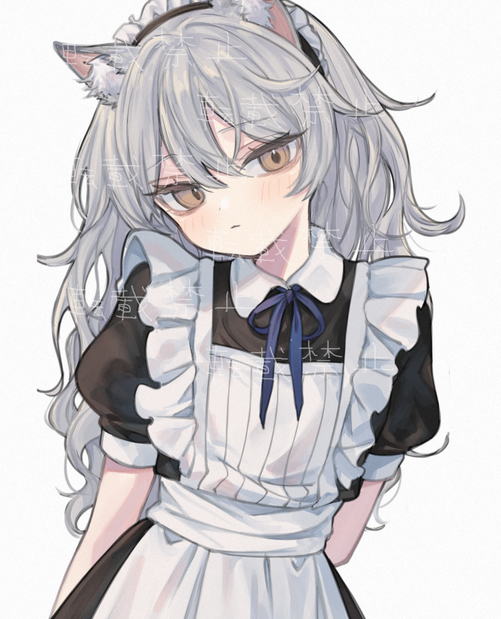 1girl animal_ear_fluff animal_ears apron blue_ribbon blush brown_eyes closed_mouth commentary_request commission facing_viewer frilled_apron frilled_hairband frills grey_hair hair_between_eyes hairband long_hair looking_to_the_side maid maid_apron maid_headdress mimelond neck_ribbon original puffy_short_sleeves puffy_sleeves ribbon short_sleeves sideways_glance simple_background solo upper_body watermark white_apron white_background