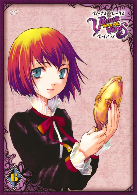 blonde_hair cover dvd_cover gothic gradient_hair green_eyes mirror multicolored_hair orange_hair purple_hair red_hair ribbon short_hair smile solo suzumi_atsushi takahana_sumire venus_versus_virus