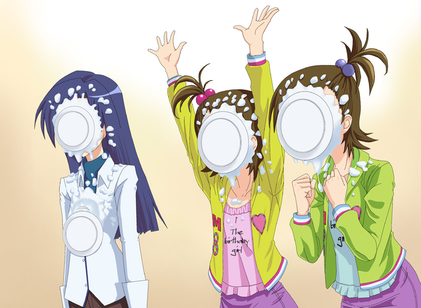 \o/ arms_up birthday blue_hair clothes_writing flipped_hair food futami_ami futami_mami hair_bobbles hair_ornament idolmaster idolmaster_(classic) in_the_face kisaragi_chihaya kozou_(rifa) long_hair multiple_girls outstretched_arms pie pie_in_face short_hair siblings sisters twins