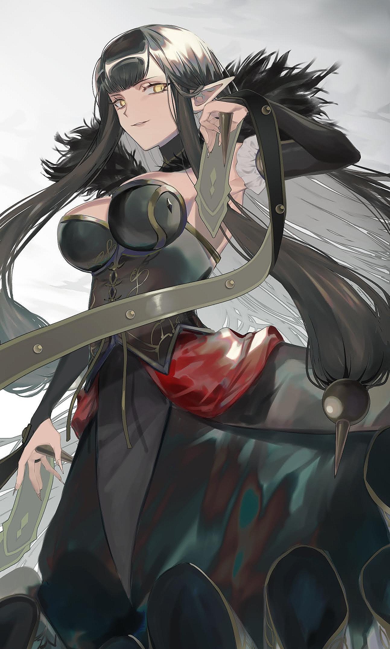 1girl black_dress black_hair black_sleeves breasts bridal_gauntlets cleavage commentary_request detached_sleeves dress fate/apocrypha fate/grand_order fate_(series) fur_trim grin highres large_breasts long_hair looking_at_viewer pointy_ears semiramis_(fate) smile solo spikes strapless strapless_dress sunanogimo very_long_hair yellow_eyes