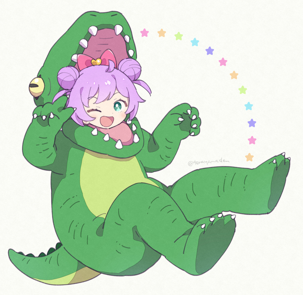 1girl ;d ahoge animal_costume blush bow commentary_request crocodile_costume double_bun full_body green_eyes hair_bow hair_bun hands_up looking_at_viewer manaka_laala manaka_laala_(young) one_eye_closed open_mouth pink_bow pretty_series pripara purple_hair short_hair simple_background sitting smile solo star_(symbol) terayamaden v white_background