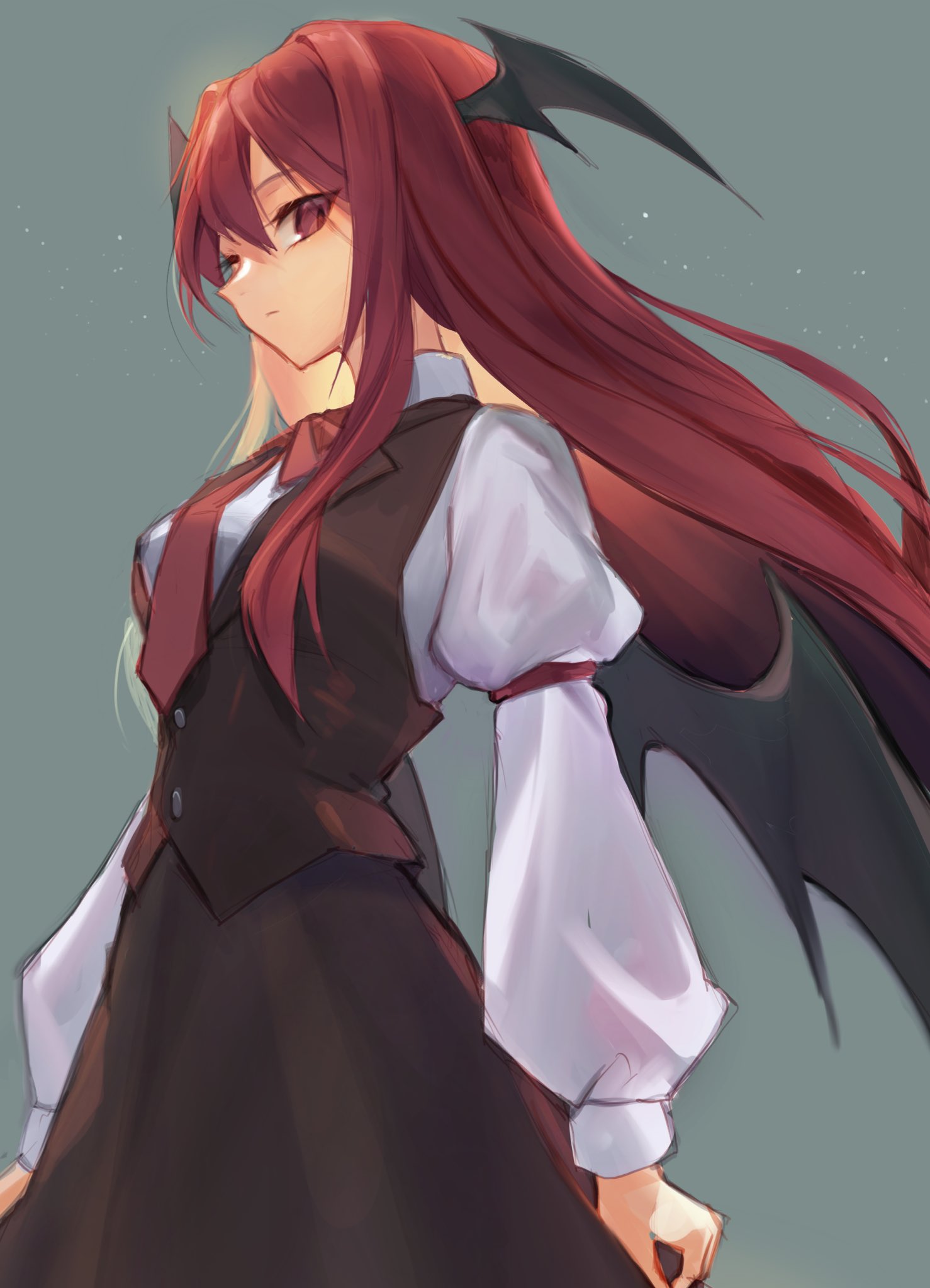 1girl arms_at_sides bat_wings black_skirt black_vest breasts closed_mouth cowboy_shot expressionless grey_background hair_between_eyes head_wings highres juliet_sleeves koakuma light_particles long_hair long_sleeves looking_at_viewer medium_breasts no_pupils orchid_(pixiv3730518) profile puffy_sleeves red_eyes red_hair shirt sidelocks sideways_glance simple_background skirt solo standing touhou vest white_shirt wings