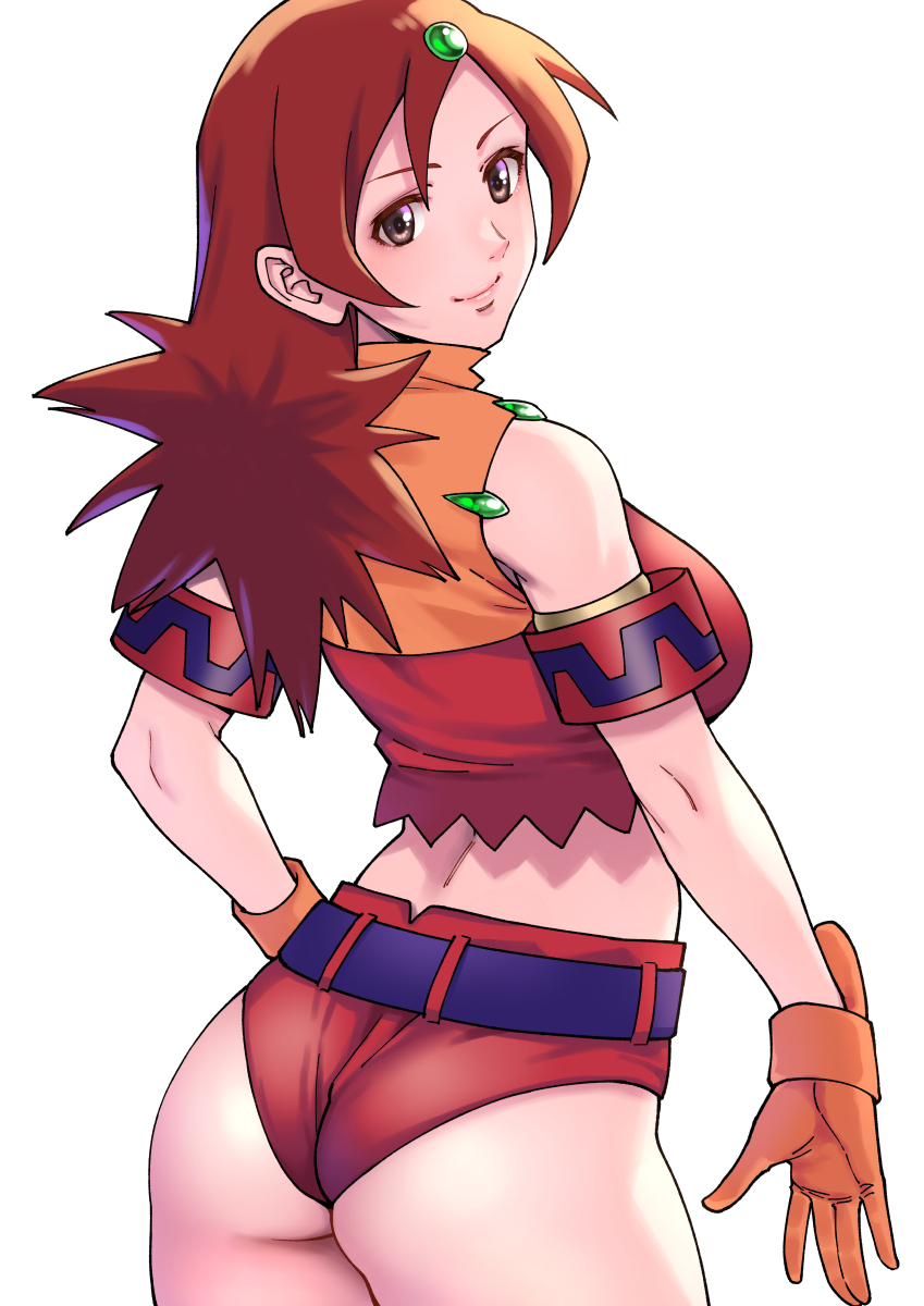 1girl armband ass belt breasts brown_eyes crop_top from_behind gloves hair_ornament highres lips long_hair looking_at_viewer looking_back medium_breasts naomi_fluegel red_hair red_shorts short_shorts shorts shouji_nigou simple_background sleeveless smile solo standing white_background zoids zoids_shinseiki/zero