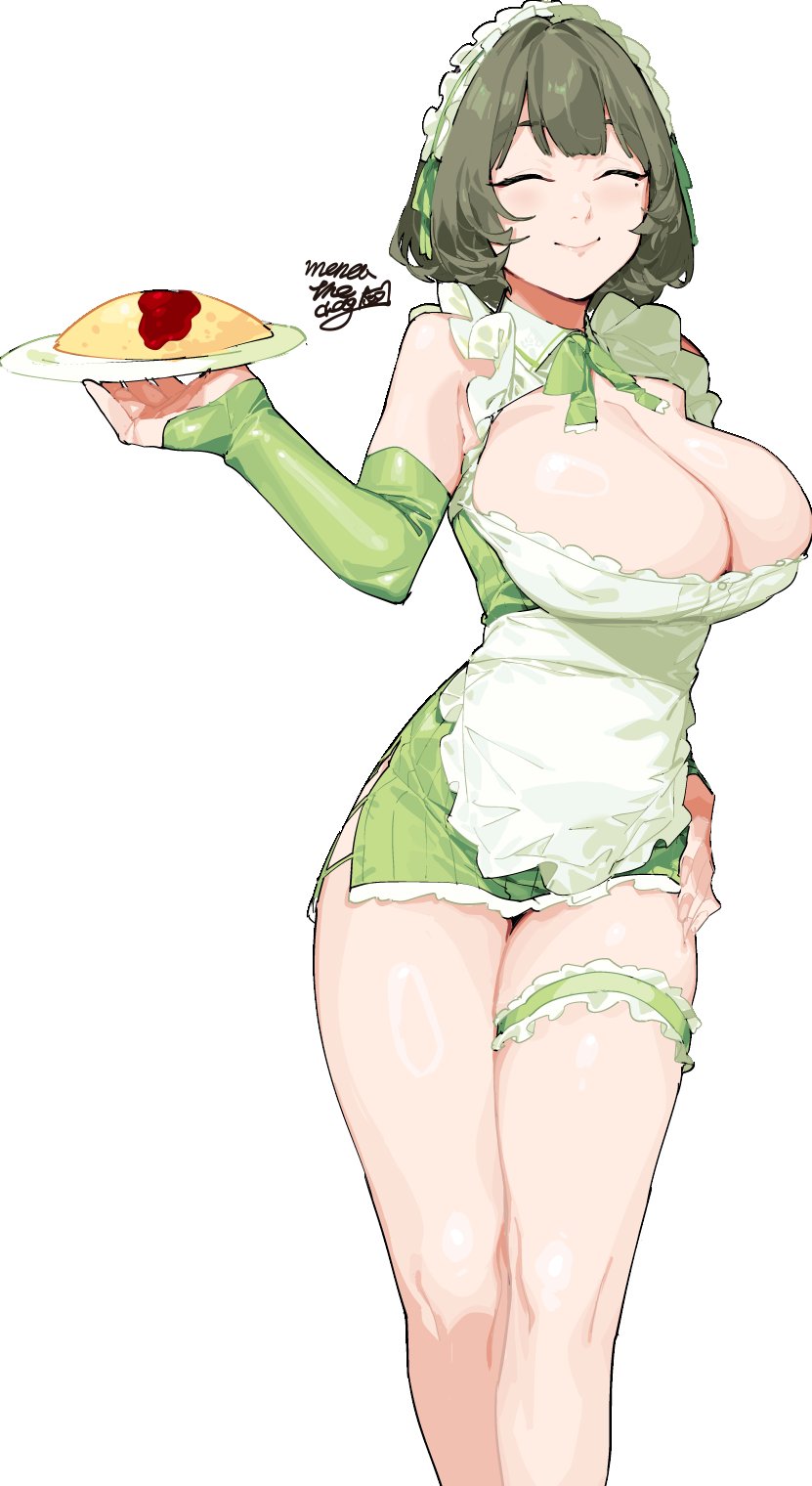 1girl apron bare_shoulders breasts cleavage closed_eyes covered_nipples dress elbow_gloves food frilled_apron frills gloves green_dress green_gloves green_hair highres idolmaster idolmaster_cinderella_girls large_breasts maid maid_apron maid_headdress menea mole mole_under_eye omelet omurice short_hair signature smile solo takagaki_kaede thigh_strap thighs