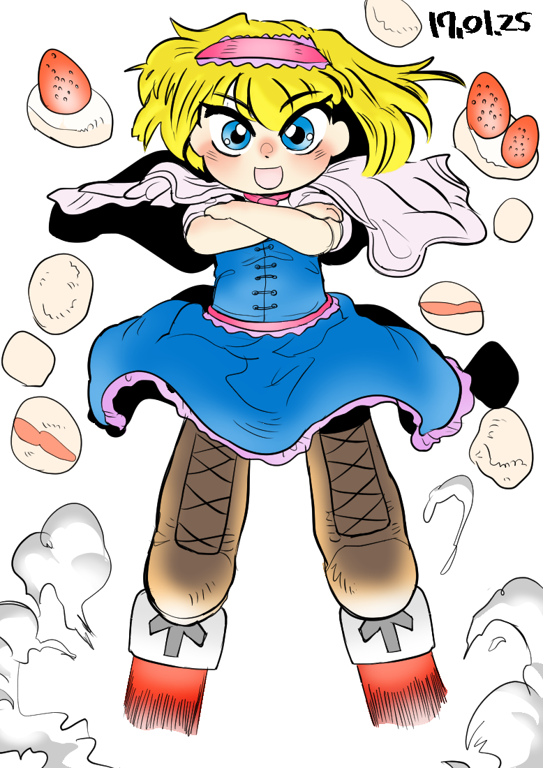 1girl :d algodoo alice_margatroid arrow_(symbol) blonde_hair blue_eyes blush boots brown_footwear capelet commentary_request cookie_(touhou) cross-laced_footwear crossed_arms dated dress flying food frilled_dress frilled_hairband frills fruit full_body gunbuster_pose hairband ichigo_(cookie) looking_at_viewer medium_bangs open_mouth pink_hairband pink_sash sash short_hair simple_background smile smoke solo strawberry tetugakuzonbi thrusters touhou white_background white_capelet