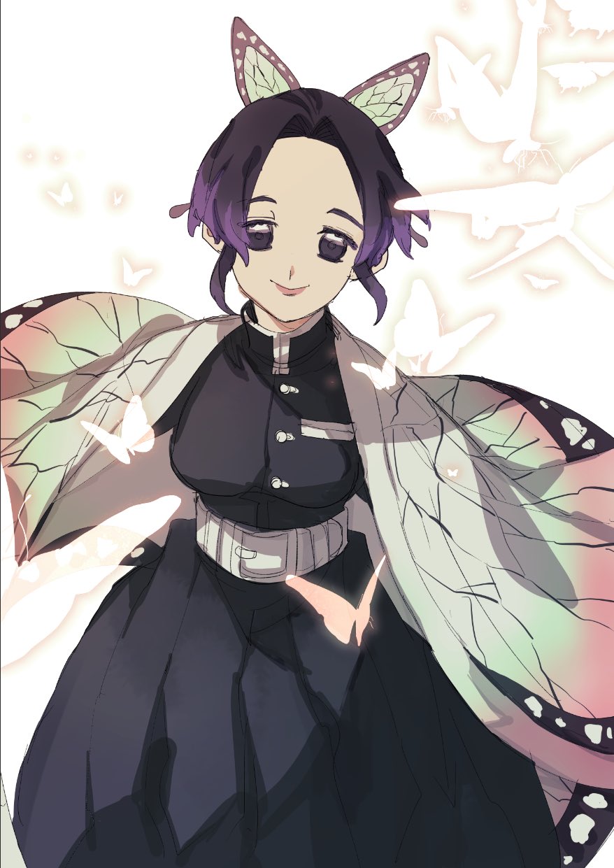 1girl animal_print belt belt_buckle black_dress buckle bug butterfly butterfly_hair_ornament butterfly_print buttons closed_mouth collared_dress commentary_request cowboy_shot demon_slayer_uniform dress hair_ornament haori higashino highres jacket japanese_clothes kimetsu_no_yaiba kochou_shinobu long_sleeves looking_at_viewer open_clothes open_jacket pink_lips pocket purple_eyes purple_hair short_hair simple_background sleeves_past_fingers sleeves_past_wrists smile solo white_background white_belt white_butterfly white_jacket white_sleeves wide_sleeves