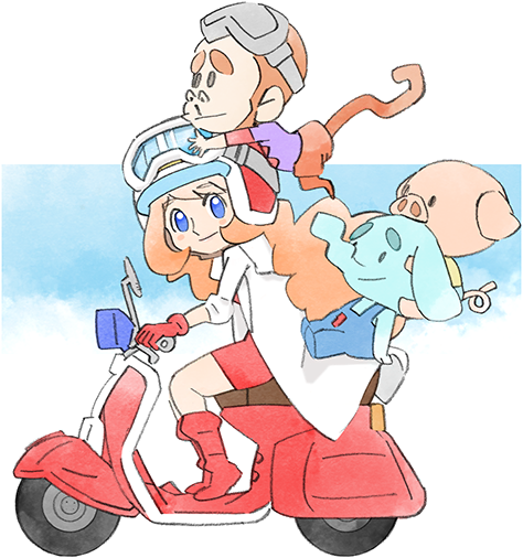 1girl animal animal_on_head blue_eyes coat dress gloves long_hair mona_(warioware) motor_vehicle official_art on_head on_scooter orange_hair red_dress red_footwear red_gloves scooter smile takeuchi_kou third-party_source warioware warioware:_get_it_together! white_coat