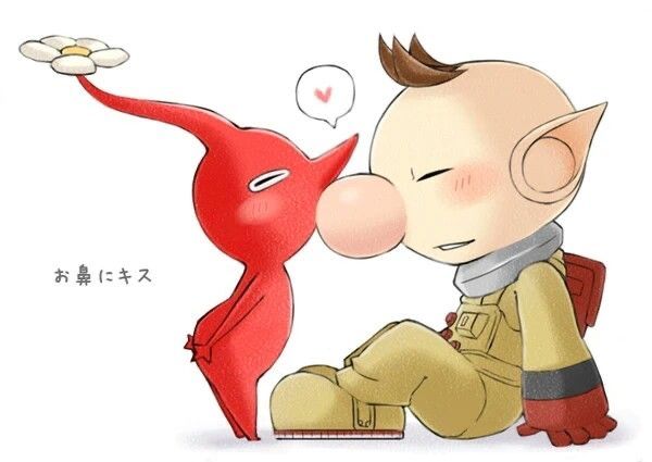 1boy backpack bad_id bad_pixiv_id bag big_nose blush brown_hair buttons closed_eyes colored_skin flower from_side full_body gloves heart kiss kissing_nose male_focus no_headwear no_mouth olimar parted_lips pikmin_(creature) pikmin_(series) pointy_ears pointy_nose red_bag red_gloves red_pikmin red_skin shadow short_hair simple_background sitting smile spacesuit spoken_heart very_short_hair white_background white_flower yorumatsu