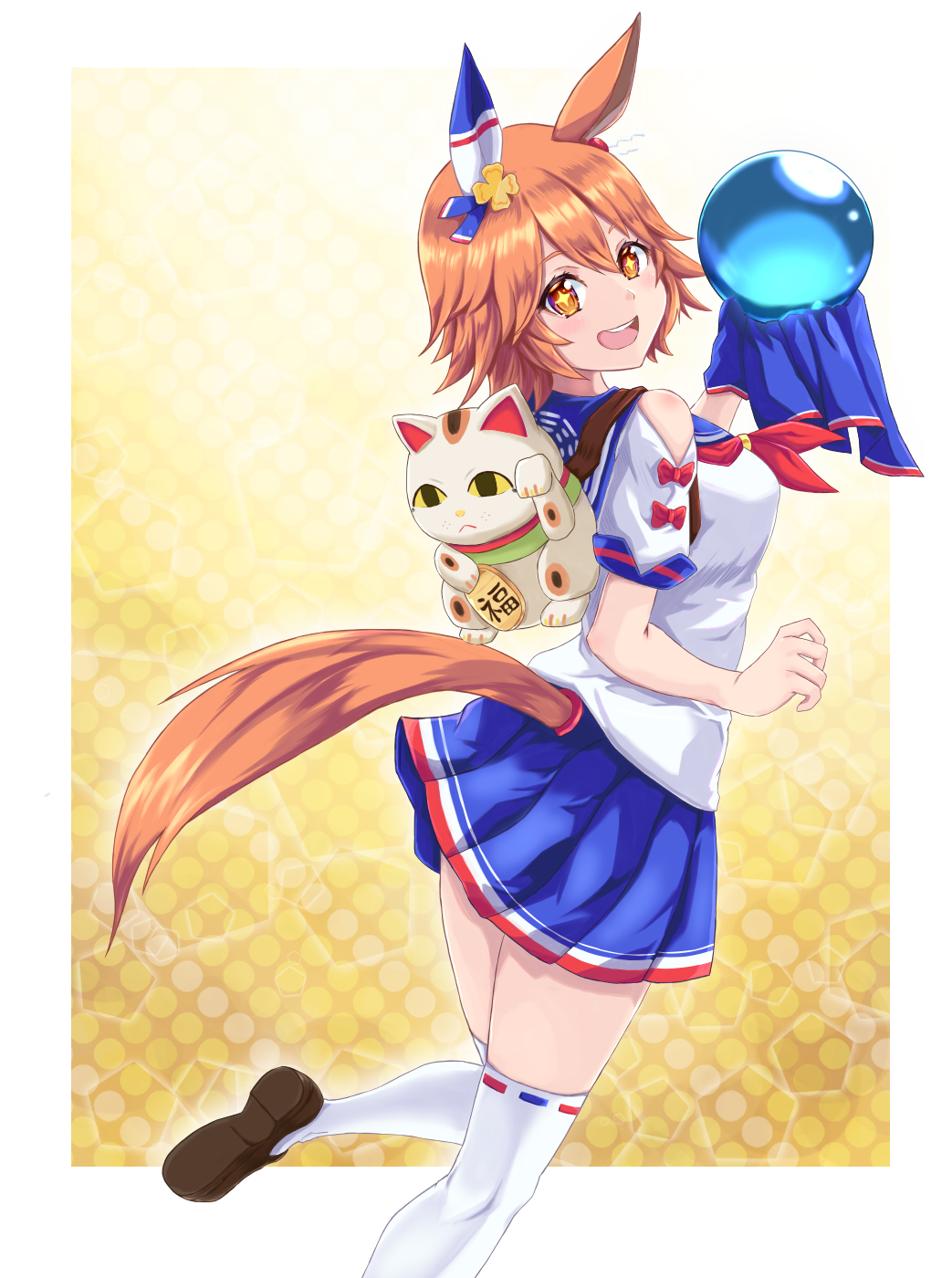 +_+ 1girl animal_ears arms_up backpack bag bike_shorts blue_sailor_collar blue_skirt blush border breasts brown_footwear clothing_cutout clover_hair_ornament commentary_request daruma_doll ear_covers ema flipped_hair four-leaf_clover_hair_ornament hair_between_eyes hair_ornament highres holding_orb horse_ears horse_girl kemuri_(etep3372) kneepits looking_at_viewer maneki-neko matikanefukukitaru_(umamusume) medium_breasts neckerchief open_mouth orange_hair parted_lips pleated_skirt polka_dot polka_dot_background red_neckerchief sailor_collar shirt short_hair short_sleeves shorts single_ear_cover skirt smile solo split standing standing_on_one_leg sweat teeth thighhighs thighs umamusume upper_teeth_only white_border white_shirt white_shorts white_thighhighs yellow_eyes