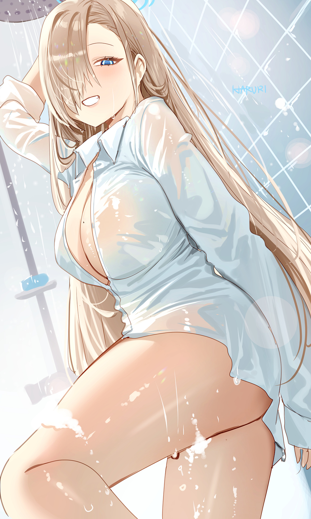 1girl ass asuna_(blue_archive) blue_archive blue_eyes blue_halo breasts grin hair_over_one_eye halo haruri highres large_breasts light_brown_hair long_hair long_sleeves looking_at_viewer mole mole_on_breast shirt smile solo thighs tile_wall tiles wet wet_clothes wet_shirt white_shirt