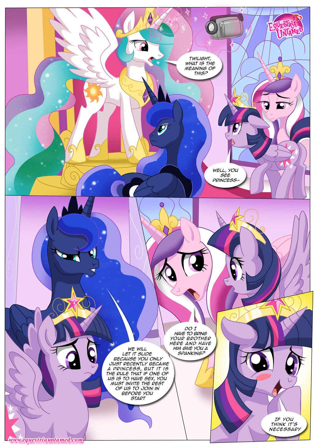 bbmbbf blue_eyes blush comic cutie_mark dialog english_text equestria_untamed equine female feral friendship_is_magic fur group hair hi_res horn long_hair mammal my_little_pony open_mouth palcomix pegasus princess_cadance_(mlp) princess_celestia_(mlp) princess_luna_(mlp) purple_eyes purple_fur purple_hair teal_eyes text tongue tongue_out twilight_sparkle_(mlp) winged_unicorn wings yellow_fur