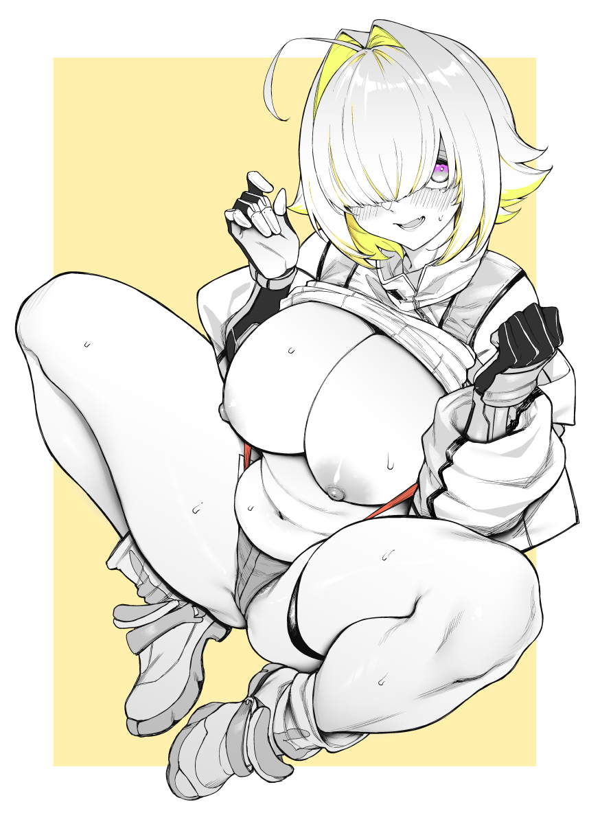 1girl ahoge blush boots border breasts cleavage clothes_lift elegg_(nikke) female_pubic_hair full_body gloves goddess_of_victory:_nikke hair_intakes hands_up highres large_breasts long_sleeves lower_teeth_only mushi024 navel nipples open_mouth pubic_hair pubic_hair_peek purple_eyes short_shorts shorts smile solo sweat sweater sweater_lift teeth thigh_strap white_border yellow_background