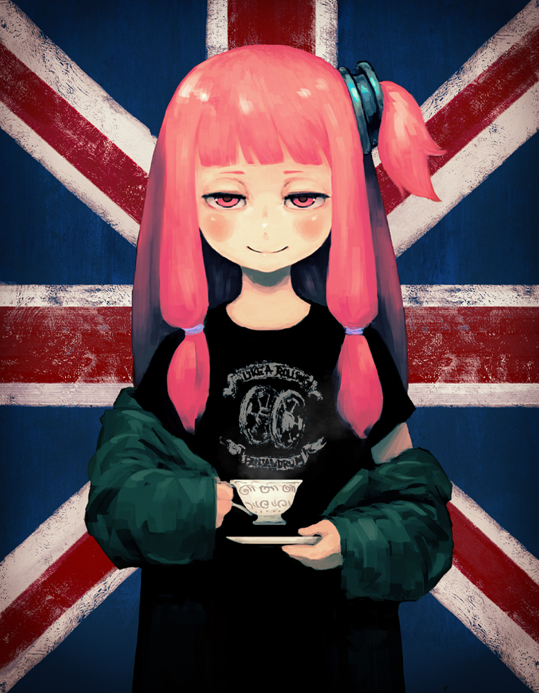 1girl black_shirt blush closed_mouth cup green_jacket hair_ornament holding holding_cup holding_saucer jacket kotonoha_akane low-tied_sidelocks panjandrum pink_eyes pink_hair plusma saucer shirt smile solo teacup union_jack voiceroid