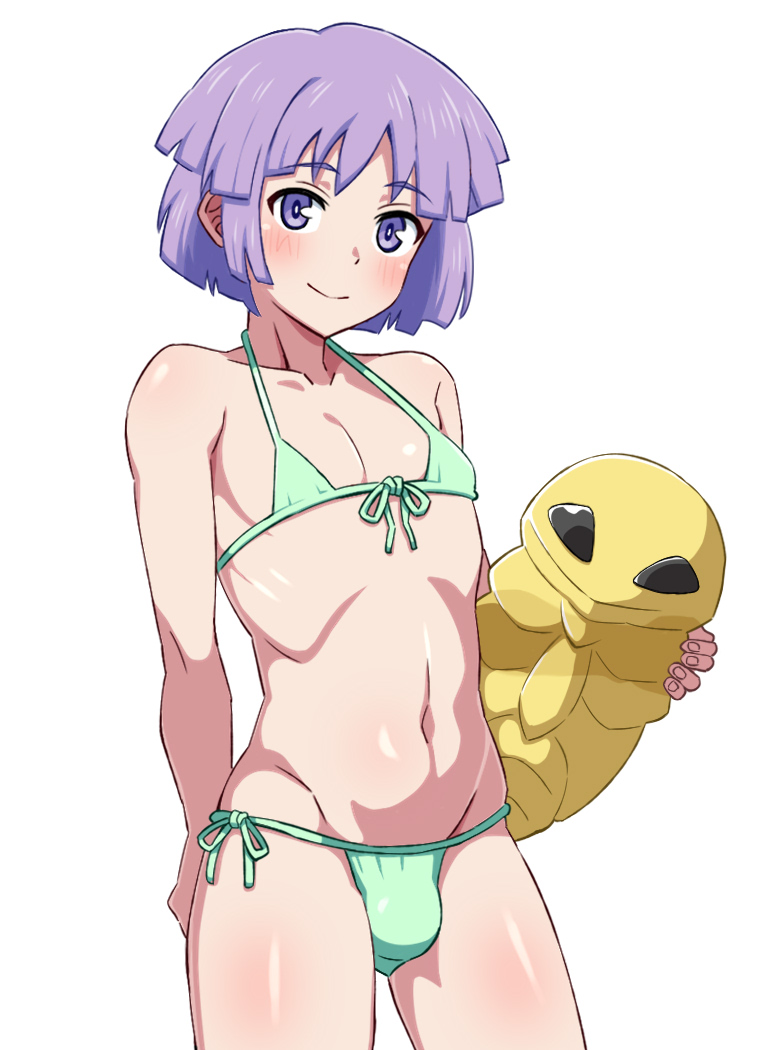 1boy bikini blush bright_pupils bugsy_(pokemon) bulge closed_mouth collarbone commentary_request cowboy_shot crossdressing green_bikini holding holding_pokemon kakuna male_focus mantan navel pokemon pokemon_(creature) pokemon_hgss purple_eyes purple_hair ribs shiny_skin short_hair shorts side_slit side_slit_shorts simple_background smile swimsuit white_background white_pupils