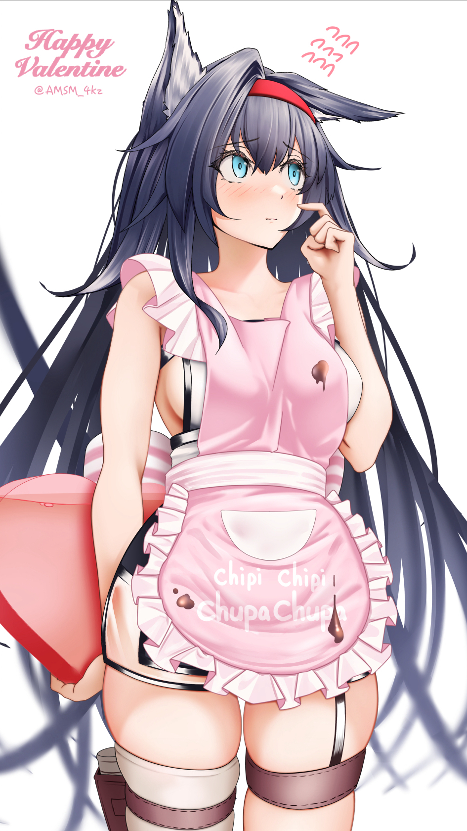 1girl animal_ear_fluff animal_ears apron arknights bare_arms black_hair black_shorts blaze_(arknights) blue_eyes blurry blurry_background blush box chipi_chipi_chapa_chapa_(meme) closed_mouth commentary_request depth_of_field flying_sweatdrops frilled_apron frills garter_straps gift gift_box hair_between_eyes hairband hand_up happy_valentine heart-shaped_box highres holding holding_gift long_hair looking_to_the_side meme pink_apron red_hairband shirt shorts simple_background single_thighhigh skindentation sleeveless sleeveless_shirt solo thighhighs twitter_username valentine very_long_hair white_background white_shirt white_thighhighs yokaze_(yokajie)