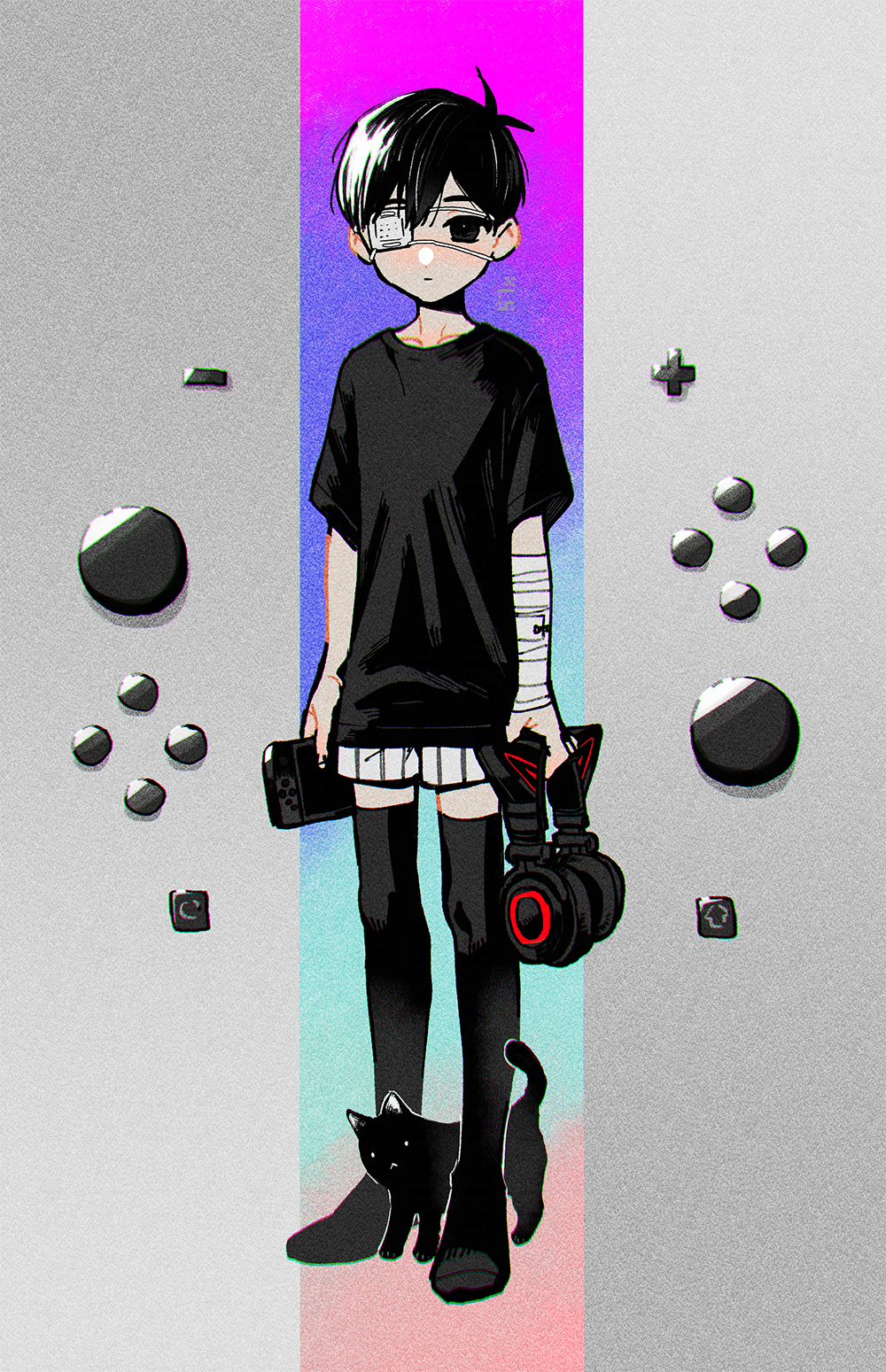 1boy antenna_hair arms_at_sides bandaged_arm bandages black_cat black_eyes black_hair black_shirt black_thighhighs cat child collarbone commentary_request expressionless eyepatch film_grain full_body grey_background handheld_game_console headphones highres holding holding_handheld_game_console holding_headphones looking_at_viewer male_focus medical_eyepatch nintendo_switch no_shoes omori one_eye_covered push-button shirt short_hair short_sleeves shorts simple_background solo standing straight-on striped_clothes striped_shorts sunny_(omori) t-shirt thighhighs toastytoast unworn_headphones white_shorts