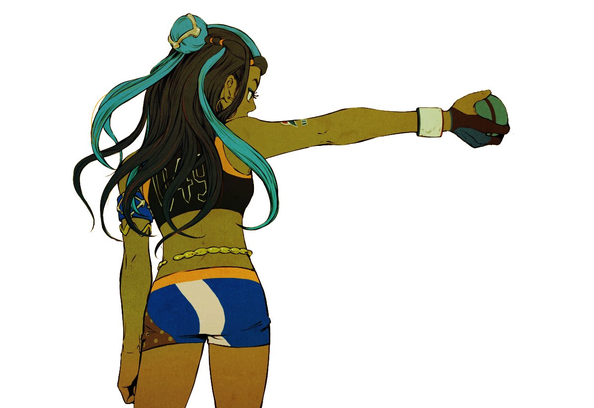 1girl arm_at_side arm_tattoo black_hair black_tank_top blue_hair blue_shorts crop_top dark-skinned_female dark_skin earrings eyelashes from_behind holding holding_poke_ball hoop_earrings jewelry long_hair long_sleeves looking_to_the_side multicolored_hair nessa_(pokemon) ngy09 outstretched_arm poke_ball pokemon pokemon_swsh shorts solo tank_top tattoo