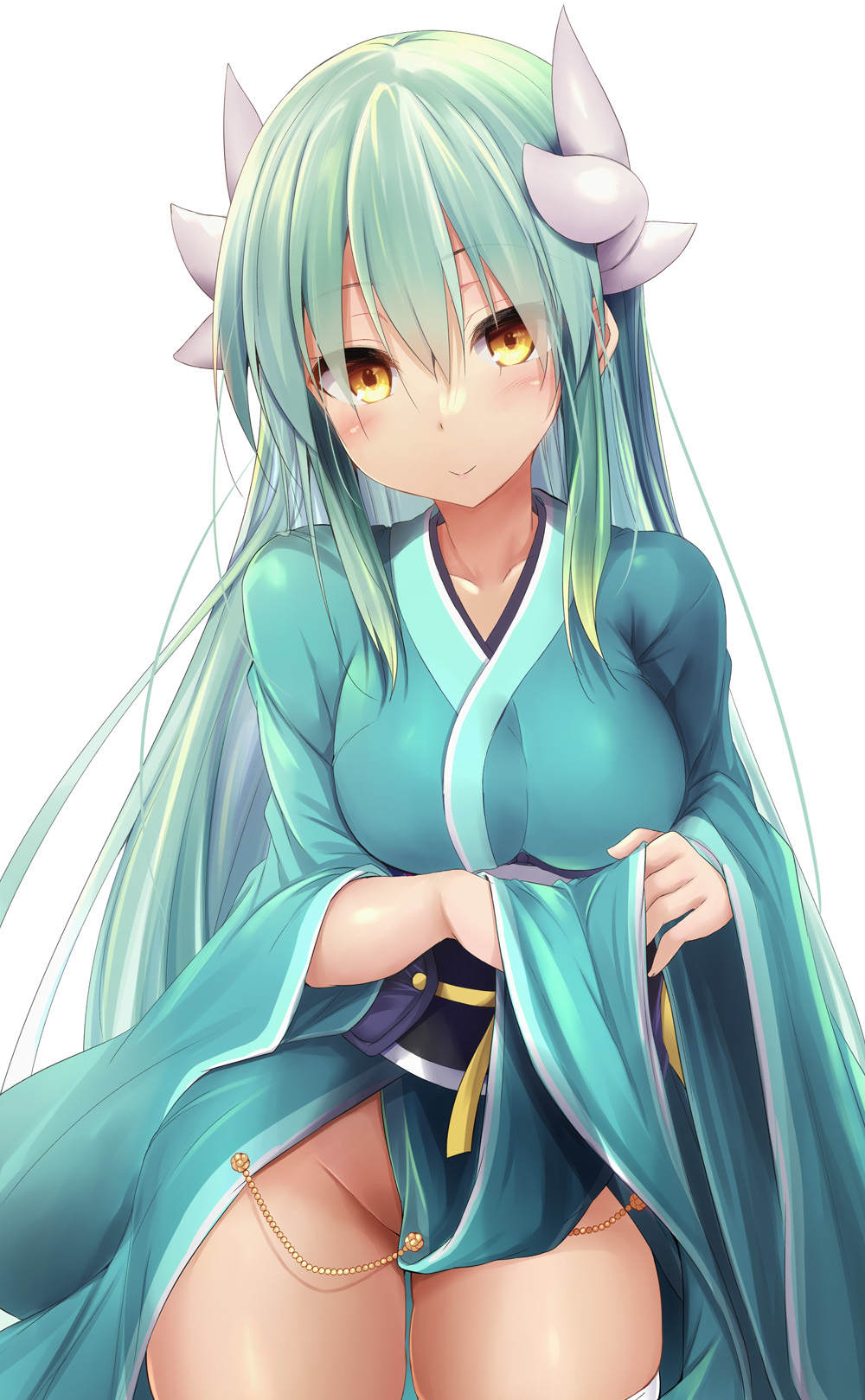 1girl aqua_hair blue_kimono breasts clothes_lift dragon_horns fate/grand_order fate_(series) highres horns japanese_clothes kimono kimono_lift kiyohime_(fate) large_breasts lifted_by_self looking_at_viewer no_panties obi sash sen_(astronomy) simple_background smile solo thighhighs thighs white_background white_thighhighs yellow_eyes