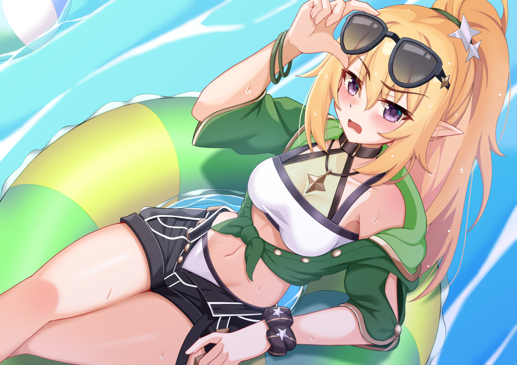 1girl arm_up bikini bikini_under_clothes black-framed_eyewear black_scrunchie black_shorts blonde_hair blush breasts chloe_(princess_connect!) cleavage collarbone commentary_request eyewear_on_headwear green_jacket hair_between_eyes hood hood_down hooded_jacket innertube iseshi jacket long_hair medium_breasts navel off_shoulder open_clothes open_mouth open_shorts pointy_ears ponytail princess_connect! purple_eyes scrunchie short_shorts short_sleeves shorts solo star_(symbol) sunglasses swim_ring swimsuit very_long_hair water wavy_mouth white_bikini wrist_scrunchie