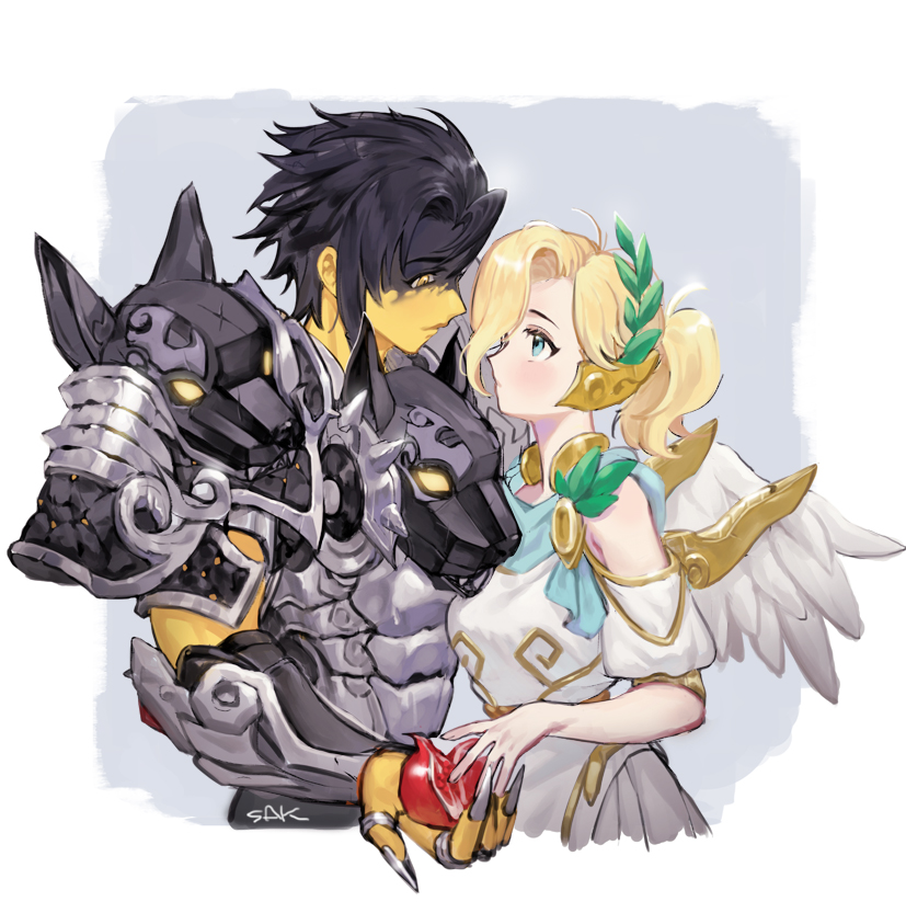 2girls ancient_greek_clothes armor black_hair blonde_hair blue_eyes closed_mouth colored_skin facepaint greco-roman_clothes height_difference korean_commentary looking_at_another mercy_(overwatch) multiple_girls official_alternate_costume overwatch overwatch_1 overwatch_2 ponytail signature simple_background ssaknanda white_wings winged_victory_mercy wings yellow_eyes yellow_skin yuri