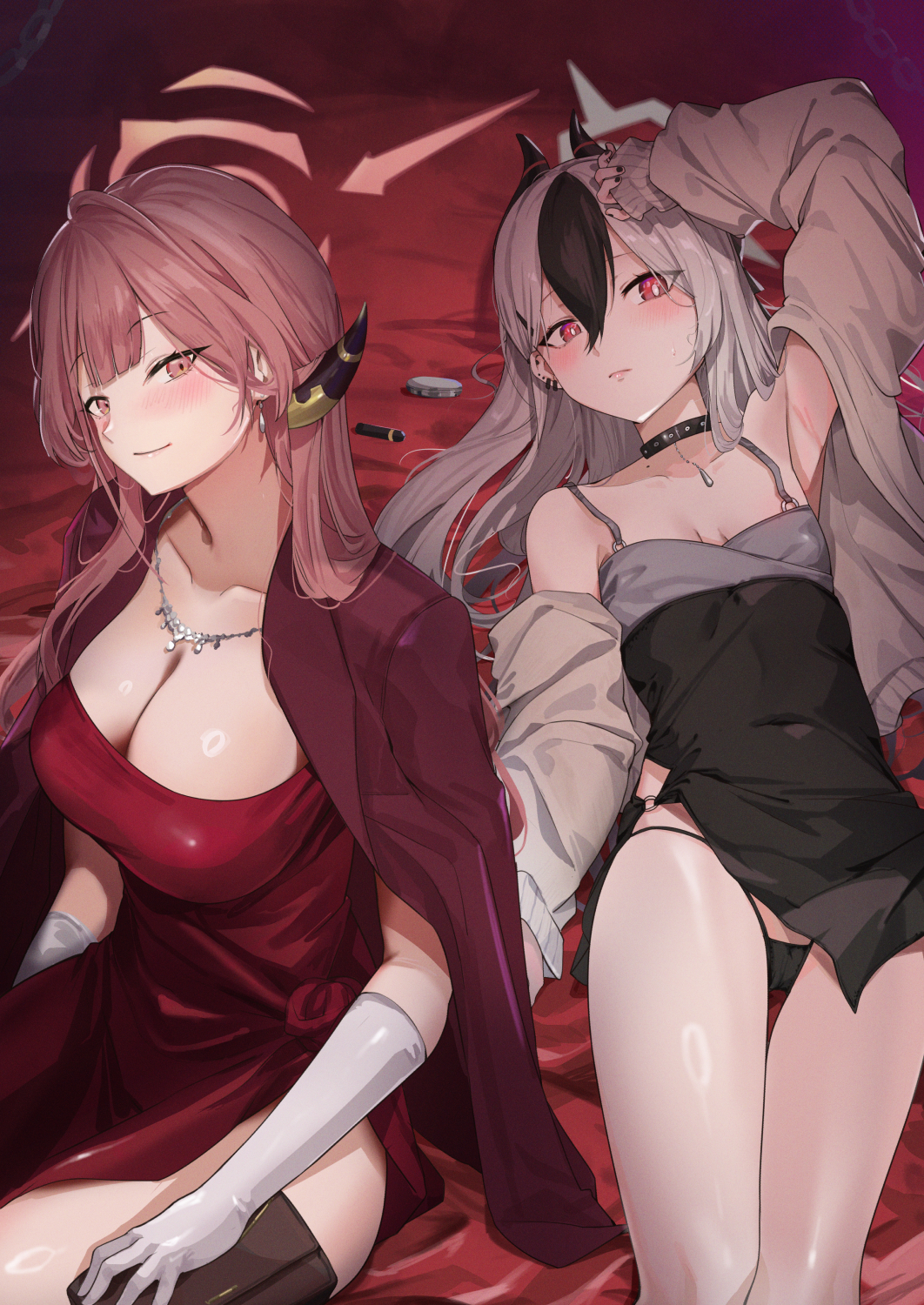 2girls arm_up aru_(blue_archive) aru_(dress)_(blue_archive) bag bare_shoulders black_choker black_dress black_hair black_horns black_panties blue_archive blush breasts cardigan choker cleavage coat demon_horns dress ear_piercing earrings gloves grey_halo grey_jacket hair_between_eyes halo handbag haowei_wu highleg highleg_panties highres horns jacket jewelry kayoko_(blue_archive) kayoko_(dress)_(blue_archive) long_hair looking_at_viewer lying mole mole_on_collarbone mole_on_neck multicolored_hair multiple_girls necklace off_shoulder official_alternate_costume on_back open_clothes panties piercing pink_hair pink_halo red_coat red_dress red_eyes small_breasts string_panties underwear white_gloves white_hair