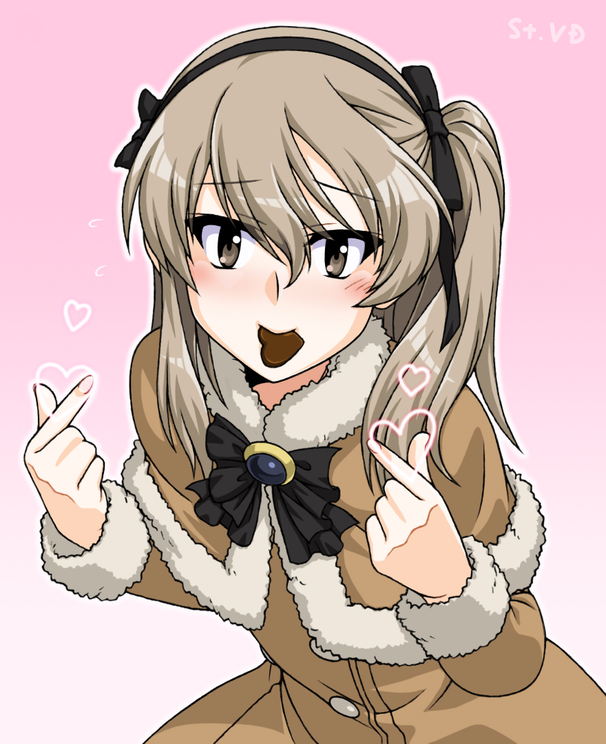 1girl black_ribbon blush brown_capelet brown_coat brown_eyes candy capelet chocolate closed_mouth coat commentary finger_heart food fur-trimmed_capelet fur-trimmed_coat fur_trim girls_und_panzer gradient_background hair_ribbon heart heart-shaped_chocolate leaning_forward light_brown_hair long_hair long_sleeves looking_at_viewer mouth_hold one_side_up oosaka_kanagawa pink_background ribbon shimada_arisu solo valentine