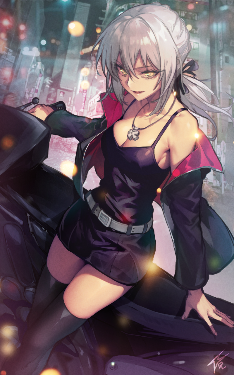 1girl artoria_pendragon_(fate) black_camisole black_jacket black_ribbon black_shorts black_thighhighs blonde_hair breasts camisole cleavage collarbone dynamitenatalia fate/grand_order fate_(series) hair_ribbon highres jacket jewelry long_hair long_sleeves looking_at_viewer low_ponytail medium_breasts motor_vehicle motorcycle necklace open_clothes open_jacket parted_lips revision ribbon saber_alter saber_alter_(ver._shinjuku_1999)_(fate) short_shorts shorts sidelocks smile solo thighhighs thighs yellow_eyes