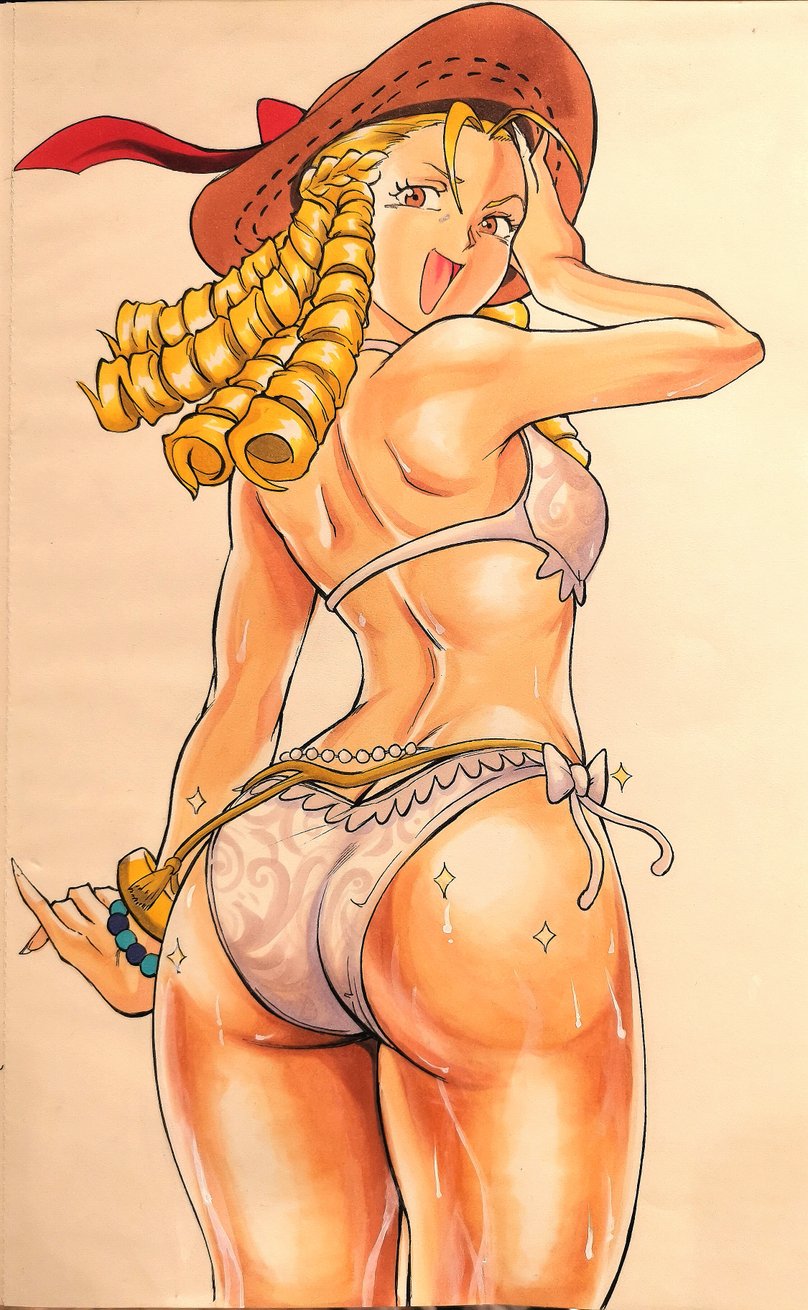 1girl ass back bare_legs bikini blonde_hair bracelet braid curly_hair english_commentary eyelashes fingernails from_behind hand_to_forehead hat hat_ribbon highres jewelry kanzuki_karin long_hair looking_back octavius_(octavius_dp) open_mouth orange_eyes patterned_clothing ribbon simple_background sketch solo sparkle street_fighter street_fighter_v sweat swimsuit