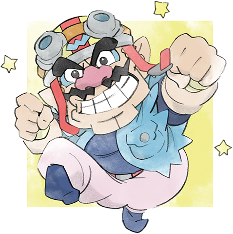 1boy big_nose blue_footwear blue_shirt clenched_hands clenched_teeth facial_hair goggles goggles_on_headwear helmet looking_at_viewer lowres mustache official_art pants pink_pants pointy_ears shirt star_(symbol) takeuchi_kou teeth thick_eyebrows third-party_source wario warioware warioware:_get_it_together!