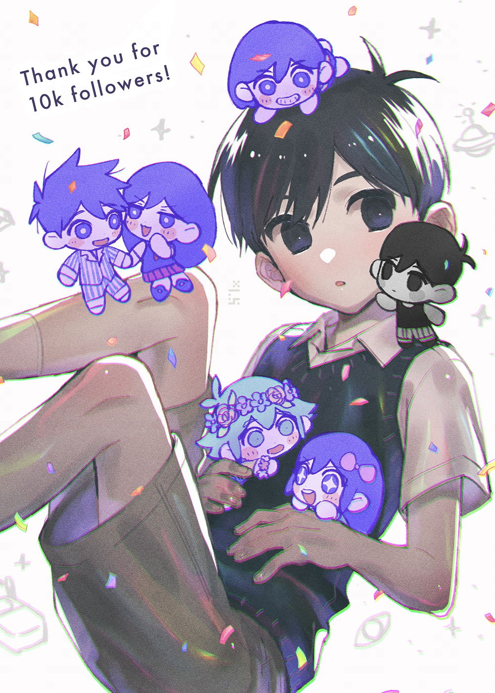 +_+ 2girls 5boys :o antenna_hair aqua_hair aubrey_(headspace)_(omori) aubrey_(omori) basil_(headspace)_(omori) basil_(omori) black_eyes black_hair black_vest blush bow bright_pupils brown_shorts carrying carrying_multiple_people carrying_person chibi child chromatic_aberration collared_shirt commentary_request confetti dual_persona feet_out_of_frame floating flower_wreath from_side grin hair_bow hands_on_own_stomach head_wreath hero_(headspace)_(omori) hero_(omori) highres kel_(headspace)_(omori) kel_(omori) knees_up mari_(headspace)_(omori) mari_(omori) mini_person miniboy minigirl multiple_boys multiple_girls omori omori_(omori) on_head on_shoulder open_mouth person_on_head person_on_shoulder purple_eyes purple_hair shirt short_hair short_sleeves shorts simple_background smile sunny_(omori) thank_you toastytoast vest white_background white_pupils white_shirt
