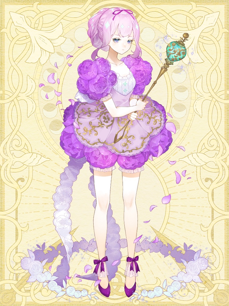 1girl :| ankle_wrap back_bow bloomers blue_eyes bow chain_paradox closed_mouth double-parted_bangs dress expressionless falling_petals floral_dress floral_print flower full_body hair_bun hair_ribbon holding holding_wand kao_o0 looking_at_viewer multicolored_clothes multicolored_dress petals pink_dress pink_hair pink_ribbon puffy_short_sleeves puffy_sleeves purple_bloomers purple_bow purple_dress purple_flower purple_footwear purple_rose ribbon rose rose_print shoes short_sleeves sidelocks single_hair_bun solo standing violette_rossel wand white_bow yellow_background