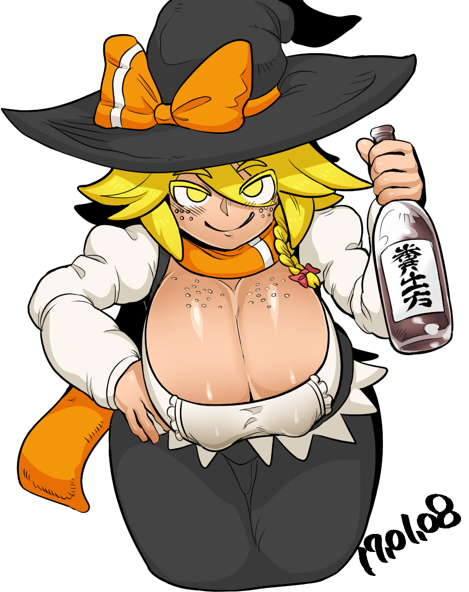 1girl black_headwear black_skirt blonde_hair blush body_freckles bottle bow braid breasts cleavage closed_mouth commentary_request cookie_(touhou) covered_nipples cowboy_shot dated eyes_visible_through_hair freckles hair_between_eyes hair_bow hat holding holding_bottle huge_breasts juliet_sleeves kirisame_marisa kohaku_(cookie) leaning_forward long_bangs long_hair long_sleeves looking_at_viewer orange_bow orange_scarf puffy_sleeves red_bow sake_bottle scarf shirt simple_background single_braid skirt smile solo swept_bangs tetugakuzonbi touhou white_background white_shirt witch_hat yellow_eyes