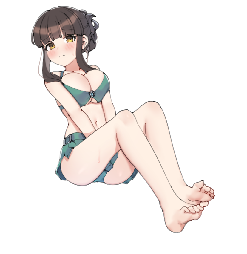 1girl aa211108 bare_legs barefoot bikini bikini_skirt black_hair blush breasts cleavage commentary green_bikini idolmaster idolmaster_cinderella_girls kurokawa_chiaki large_breasts looking_at_viewer navel sidelocks simple_background sitting soles solo stomach swimsuit toes white_background