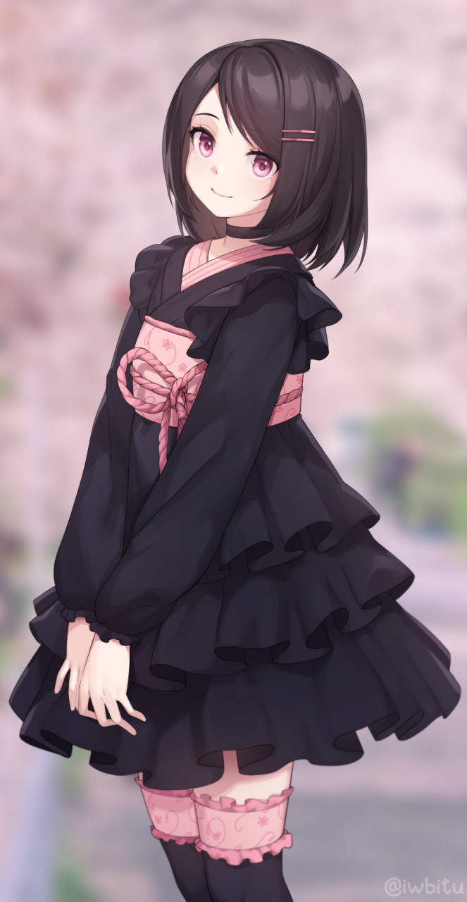 accessory black_clothing black_dress black_hair blurred_background clothing cute_pose dress female hair hair_accessory hi_res human iwbitu leggings legwear mammal pink_eyes shizuka_mori smile smiling_at_viewer solo