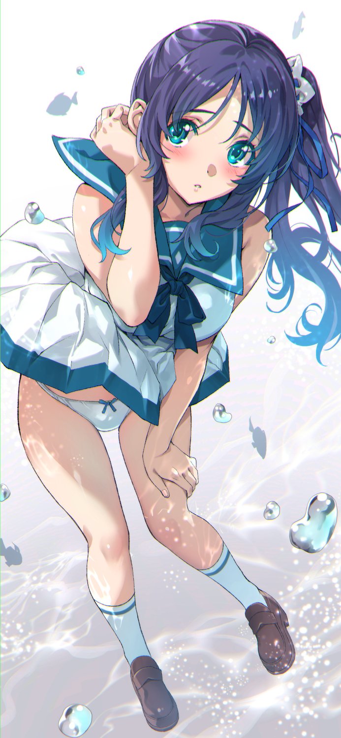 1girl air_bubble blue_bow blue_bowtie blue_eyes blue_hair blue_ribbon blue_sailor_collar blush bow bow_panties bowtie breasts brown_footwear bubble caustics commentary_request dress fish full_body hair_ribbon hand_on_own_thigh hand_up highres hiradaira_chisaki kneehighs large_breasts leaning_forward loafers long_hair looking_at_viewer nagayori nagi_no_asukara nami_junior_high_school_uniform panties parted_lips pleated_dress ribbon sailor_collar sailor_dress school_uniform shirt shoes side_ponytail sidelocks sleeveless sleeveless_dress sleeveless_shirt socks teeth underwater underwear white_dress white_panties white_socks