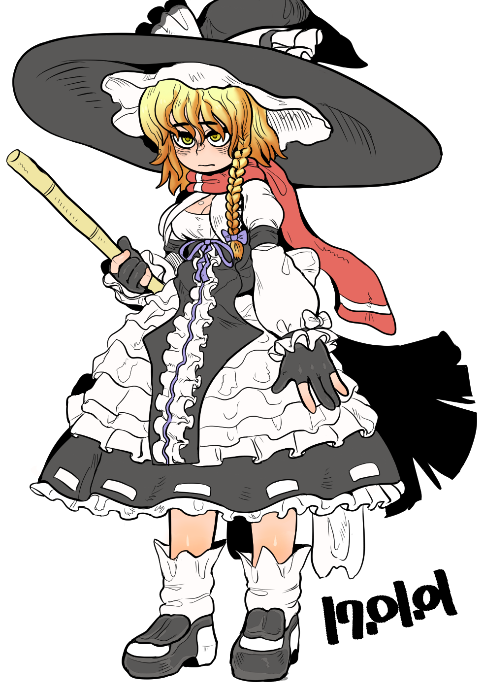 1girl bags_under_eyes black_dress black_footwear black_gloves black_headwear blonde_hair bow braid breasts broom center_frills cleavage cleavage_cutout closed_mouth clothing_cutout commentary_request cookie_(touhou) dated dress expressionless frilled_dress frilled_hat frilled_sleeves frills full_body gloves hair_between_eyes hair_bow hat hat_bow highres holding holding_broom kirisame_marisa long_bangs long_hair looking_afar mars_(cookie) mary_janes medium_breasts messy_hair partially_fingerless_gloves purple_bow purple_ribbon red_scarf ribbon scarf shoes side_braid simple_background single_braid socks solo standing tetugakuzonbi touhou two-tone_dress white_background white_bow white_dress white_socks witch_hat yellow_eyes