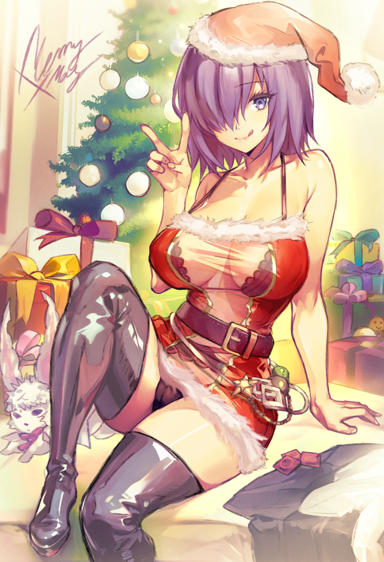 1girl :q black_bra black_footwear black_panties boots bra breasts christmas christmas_tree dress dynamitenatalia fate/grand_order fate_(series) fou_(fate) fur-trimmed_dress fur-trimmed_headwear fur_trim hair_over_one_eye hand_up hat indoors large_breasts looking_at_viewer mash_kyrielight merry_christmas panties pom_pom_(clothes) purple_eyes purple_hair red_dress red_headwear revision santa_dress santa_hat short_dress short_hair sitting smile solo thigh_boots thighs tongue tongue_out underwear v