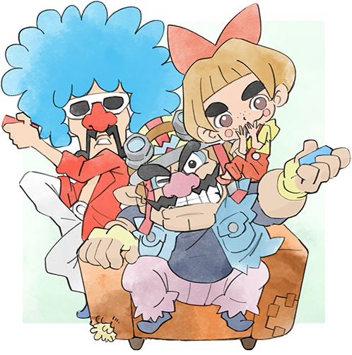 1girl 2boys blue_hair bow brown_hair cleft_chin clenched_teeth facial_hair fingerless_gloves gloves hair_bow jacket jimmy_t joy-con lulu_(warioware) multiple_boys mustache official_art pants pink_pants pointy_ears red_jacket sunglasses takeuchi_kou teeth thick_eyebrows third-party_source wario warioware warioware:_get_it_together! white_pants yellow_gloves