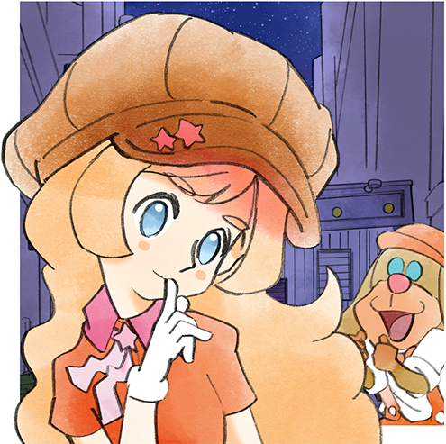 1boy 1girl blue_eyes brown_headwear furry furry_male gloves hat head_tilt joe_(warioware) long_hair lowres mona_(warioware) night night_sky official_art orange_hair red_shirt shirt sky smile star_(symbol) takeuchi_kou third-party_source warioware warioware:_get_it_together! white_gloves