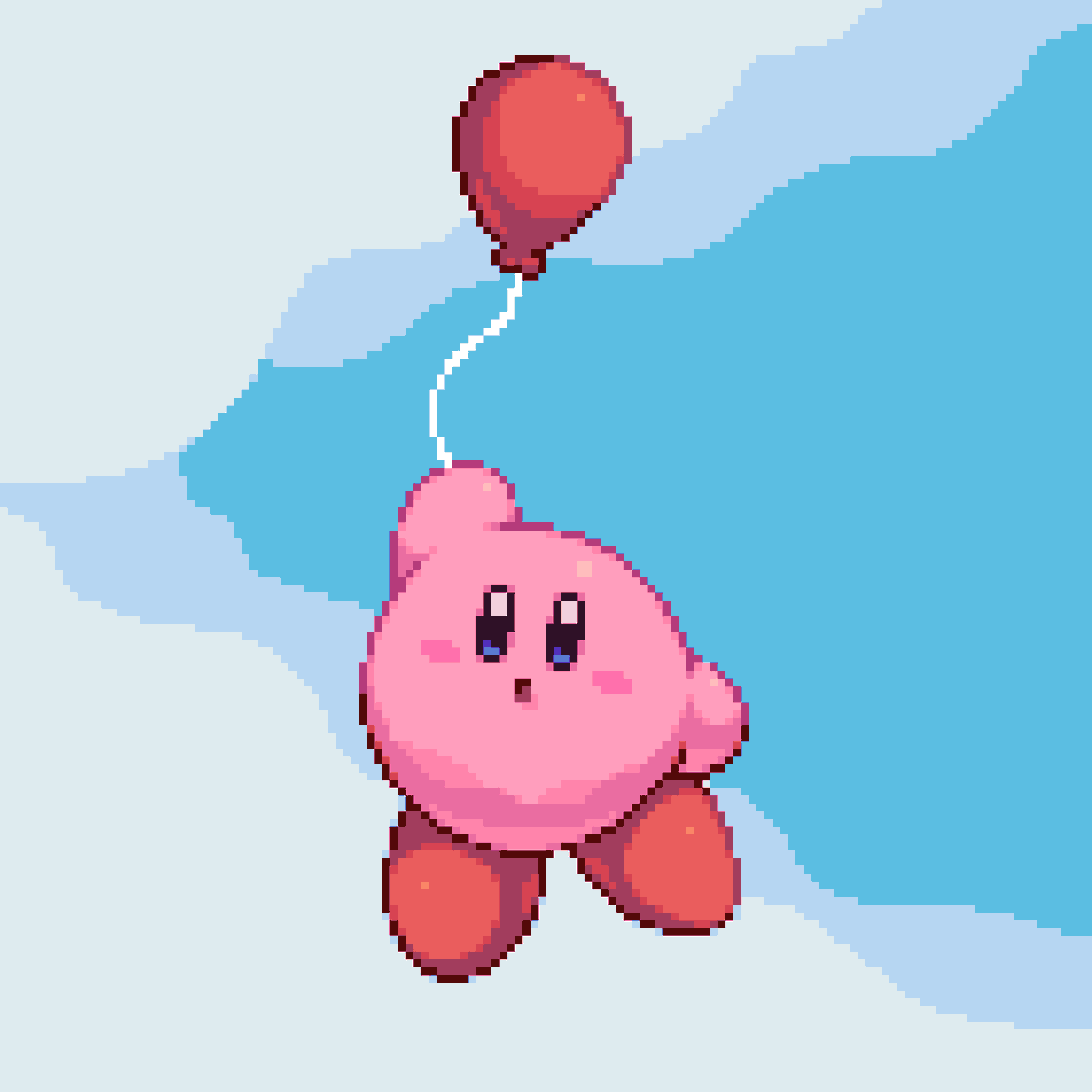 :o arm_up balloon blue_eyes blue_sky blush blush_stickers cloud commentary day english_commentary floating highres kirby kirby_(series) looking_at_viewer no_humans open_mouth outdoors pixel_art pixel_pit sky solo